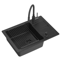 Online Komplet zlewozmywak QUADRON czarny SMART 62x44 cm z baterią, dozownikiem, matą i syfonem