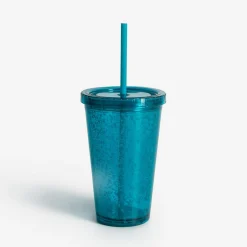 Sale inny Kubek plastikowy ze słomką niebieski 500 ml