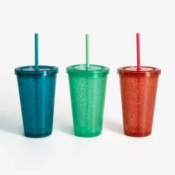 Sale inny Kubek plastikowy ze słomką niebieski 500 ml