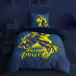 inny Pościele^Pościel świecąca w ciemnościach, wzór tęczowego jednorożca, FLUO 160x200 cm