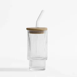 Clearance inny Szklanka ryflowana z bambusową pokrywką i słomką 320 ml