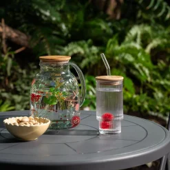 Clearance inny Szklanka ryflowana z bambusową pokrywką i słomką 320 ml
