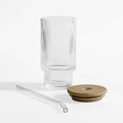 Clearance inny Szklanka ryflowana z bambusową pokrywką i słomką 320 ml