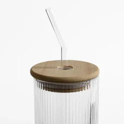 Clearance inny Szklanka ryflowana z bambusową pokrywką i słomką 320 ml