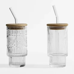 Clearance inny Szklanka ryflowana z bambusową pokrywką i słomką 320 ml