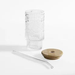 inny Szklanki I Kubki^Szklanka z bambusową pokrywką i słomką 320 ml