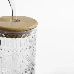 inny Szklanki I Kubki^Szklanka z bambusową pokrywką i słomką 320 ml